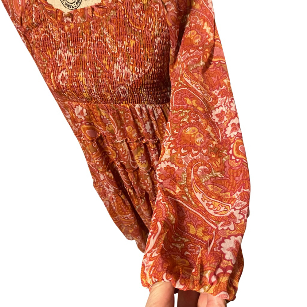 Women's Jacquie the Label Boho Fall Paisley Tencel Smocked Dress, Small, Orange - Picture 3 of 10